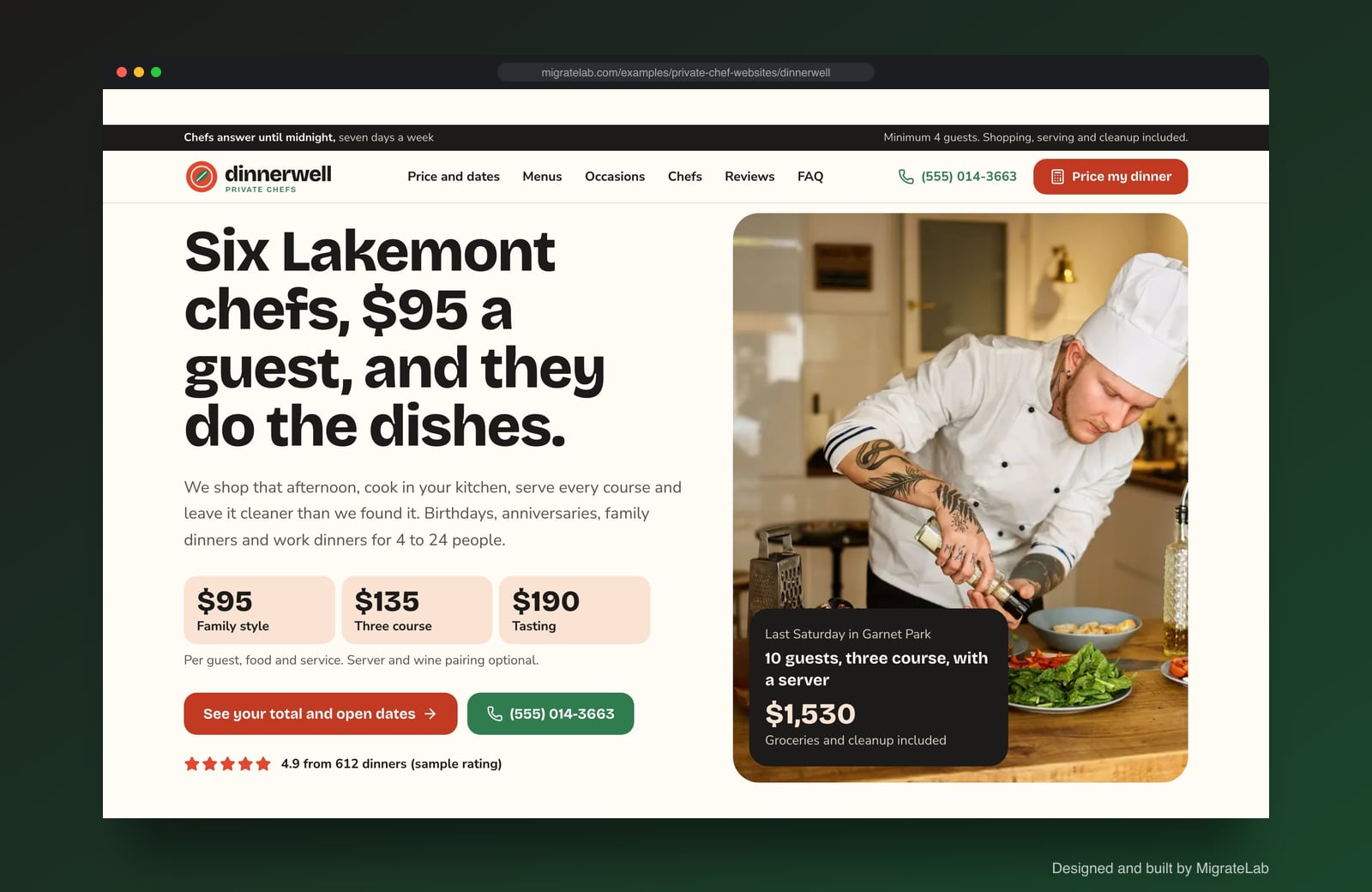 Private chef website example by MigrateLab: Dinnerwell Private Chefs, a lead machine design shown in a browser