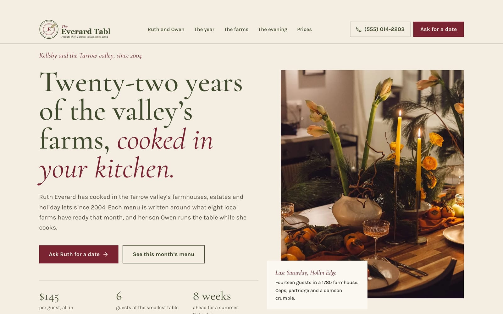 Private chef website design: The Everard Table Private Chef home page, heritage and trust style