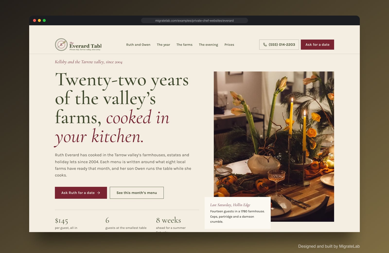 Private chef website example by MigrateLab: The Everard Table Private Chef, a heritage and trust design shown in a browser