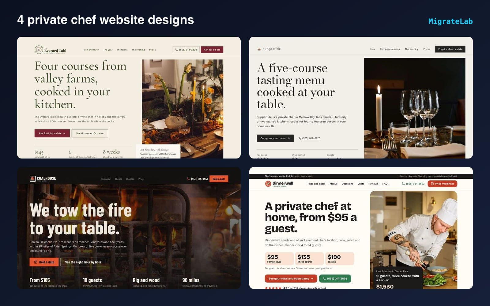 Four private chef website designs by MigrateLab shown side by side