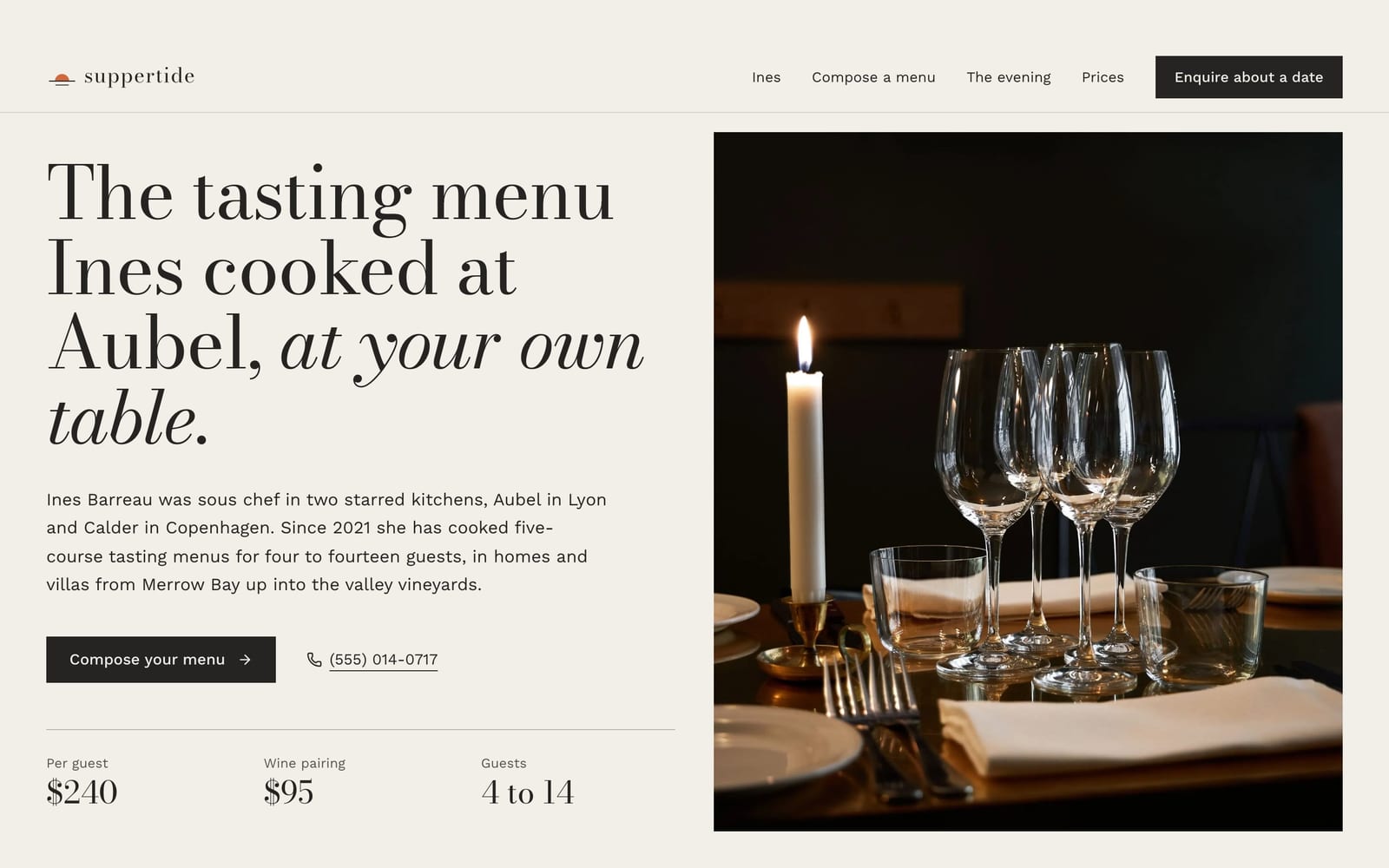 Private chef website design: Suppertide Private Dining home page, premium design-led style