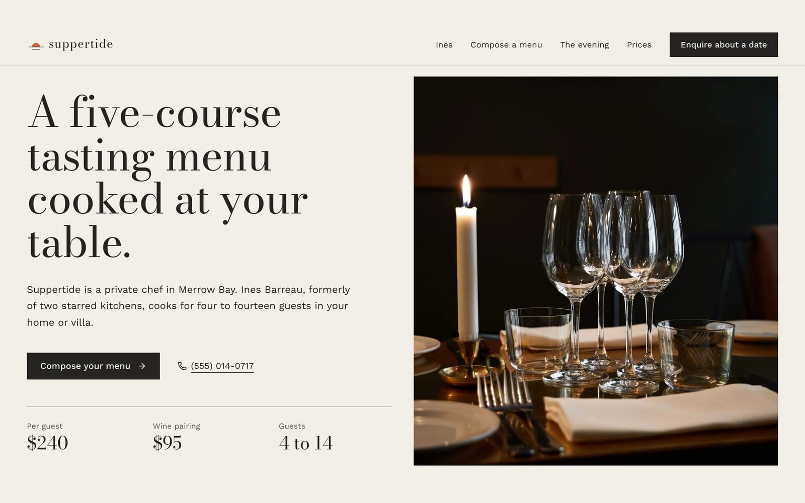 Private chef website design: Suppertide Private Dining home page, premium design-led style