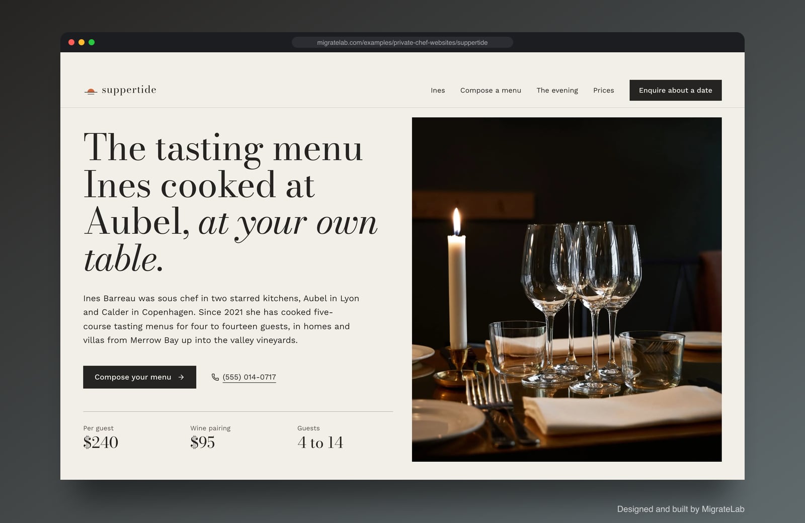 Private chef website example by MigrateLab: Suppertide Private Dining, a premium design-led design shown in a browser