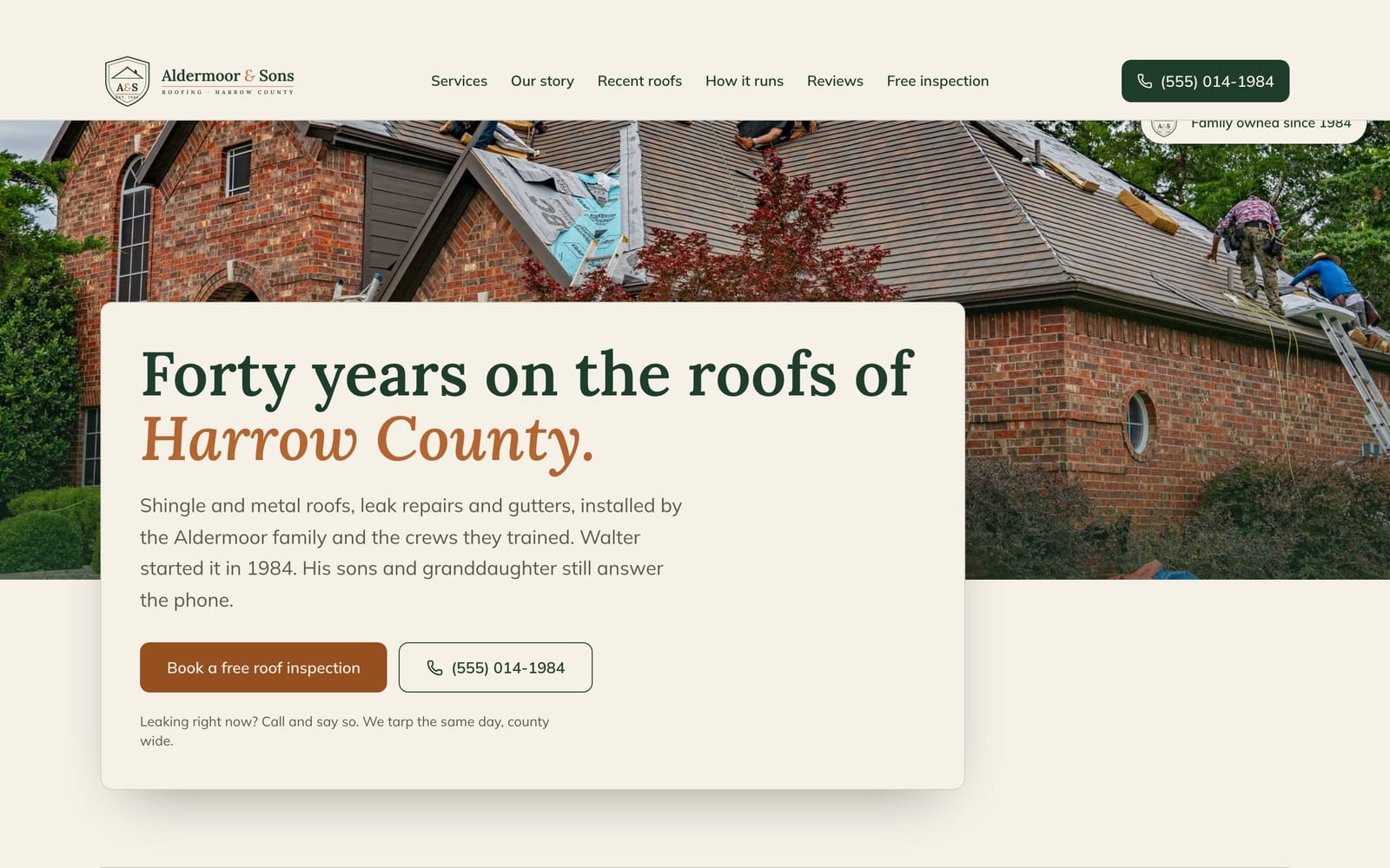 Roofing company website design: Aldermoor & Sons Roofing home page, heritage and trust style
