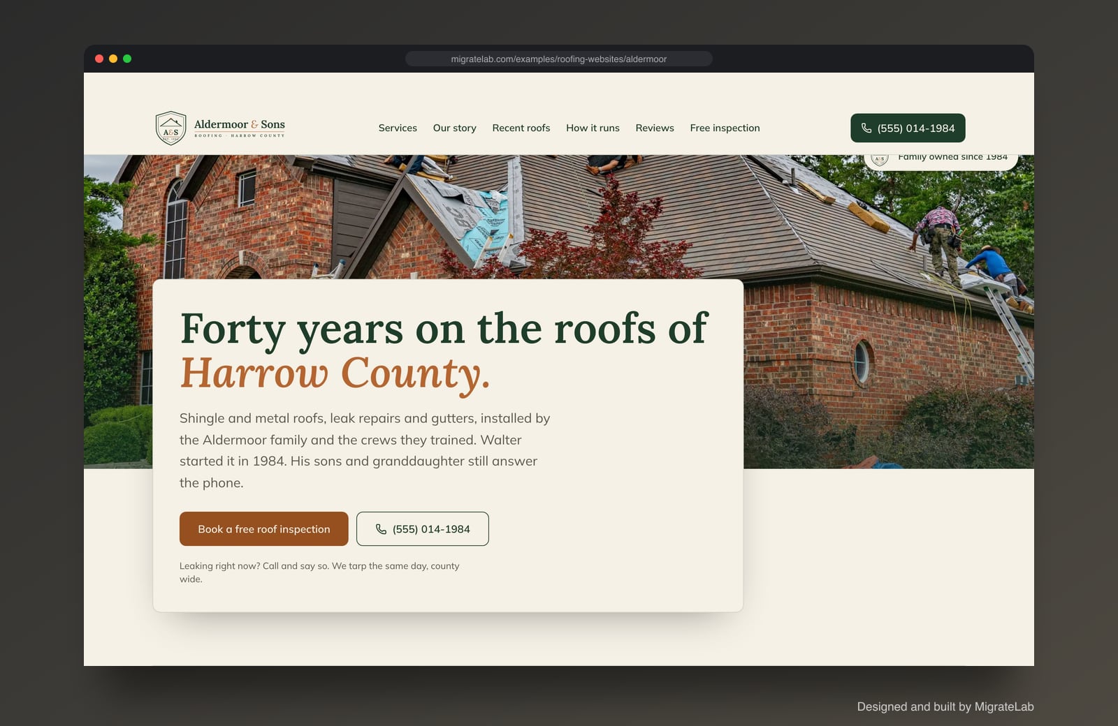 Roofing company website example by MigrateLab: Aldermoor & Sons Roofing, a heritage and trust design shown in a browser
