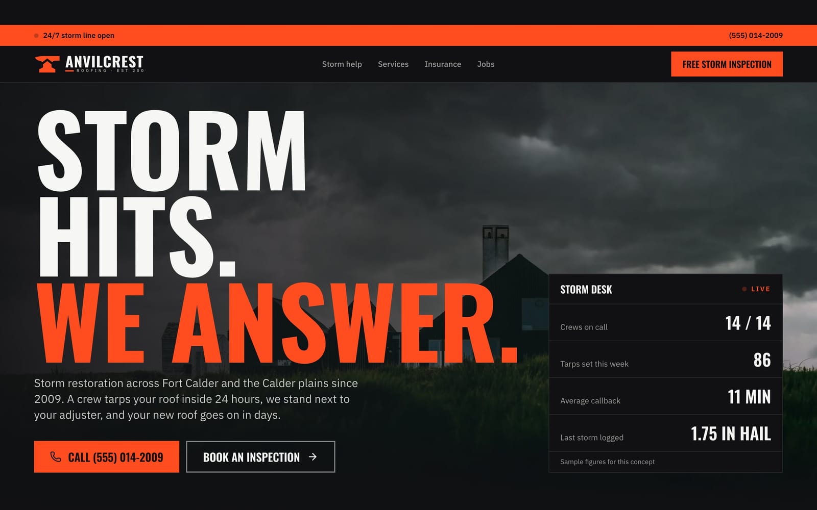 Roofing company website design: Anvilcrest Roofing home page, bold and industrial style