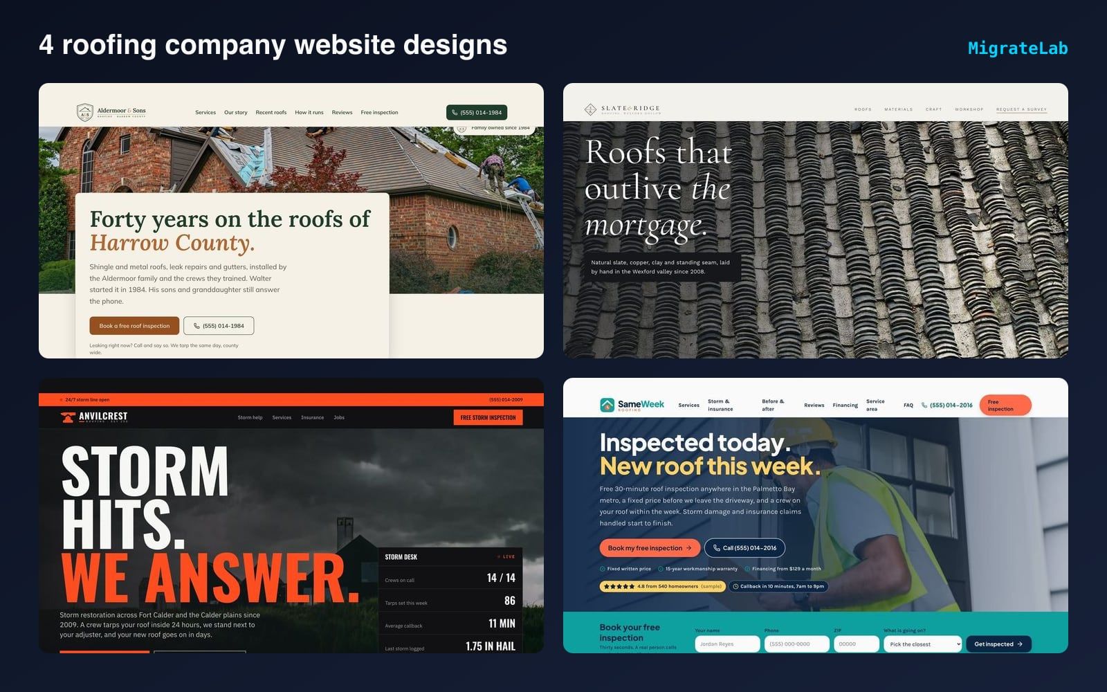 Four roofing company website designs by MigrateLab shown side by side