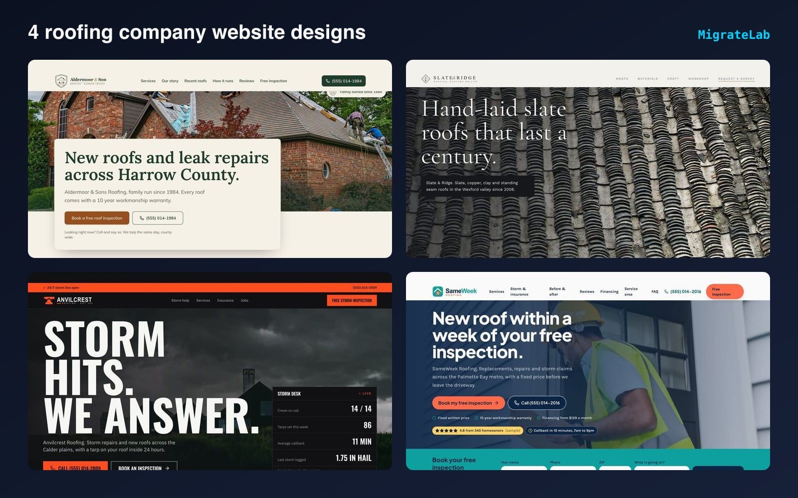 Four roofing company website designs by MigrateLab shown side by side