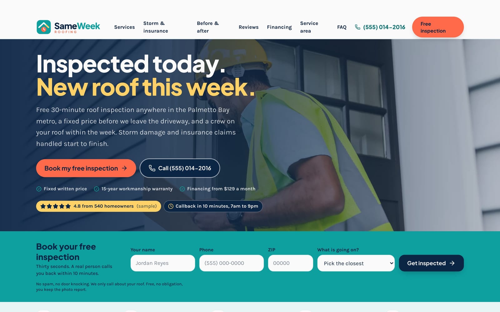 Roofing company website design: SameWeek Roofing home page, lead machine style