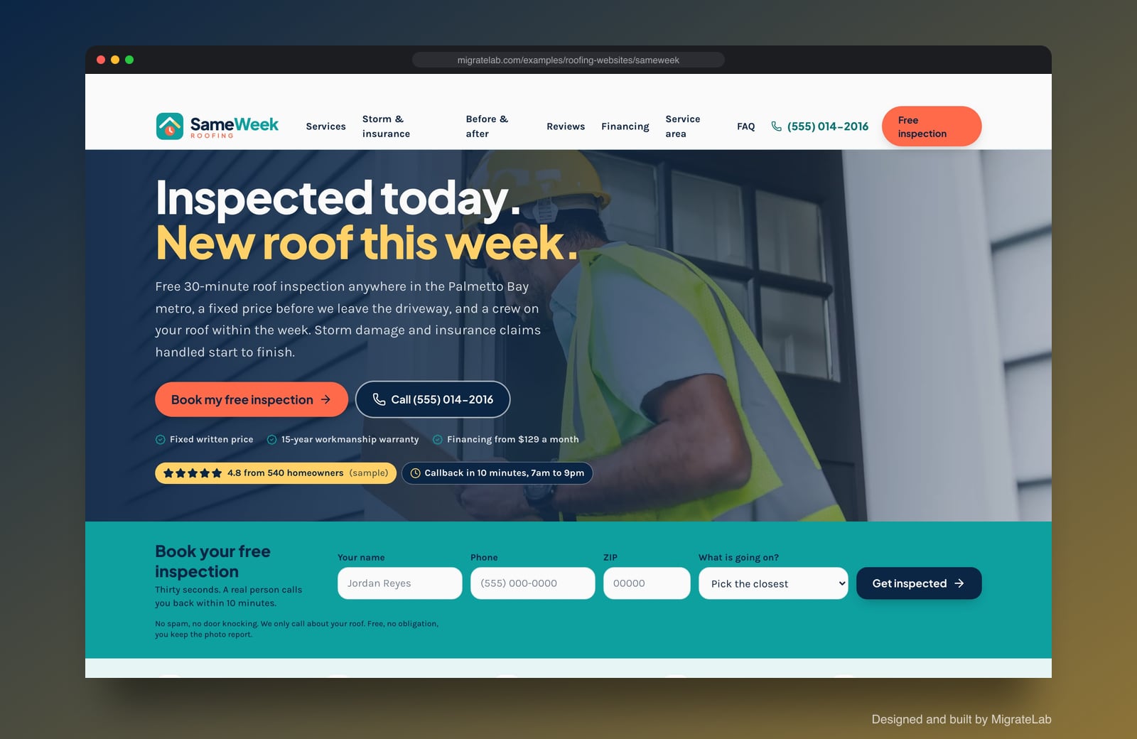 Roofing company website example by MigrateLab: SameWeek Roofing, a lead machine design shown in a browser