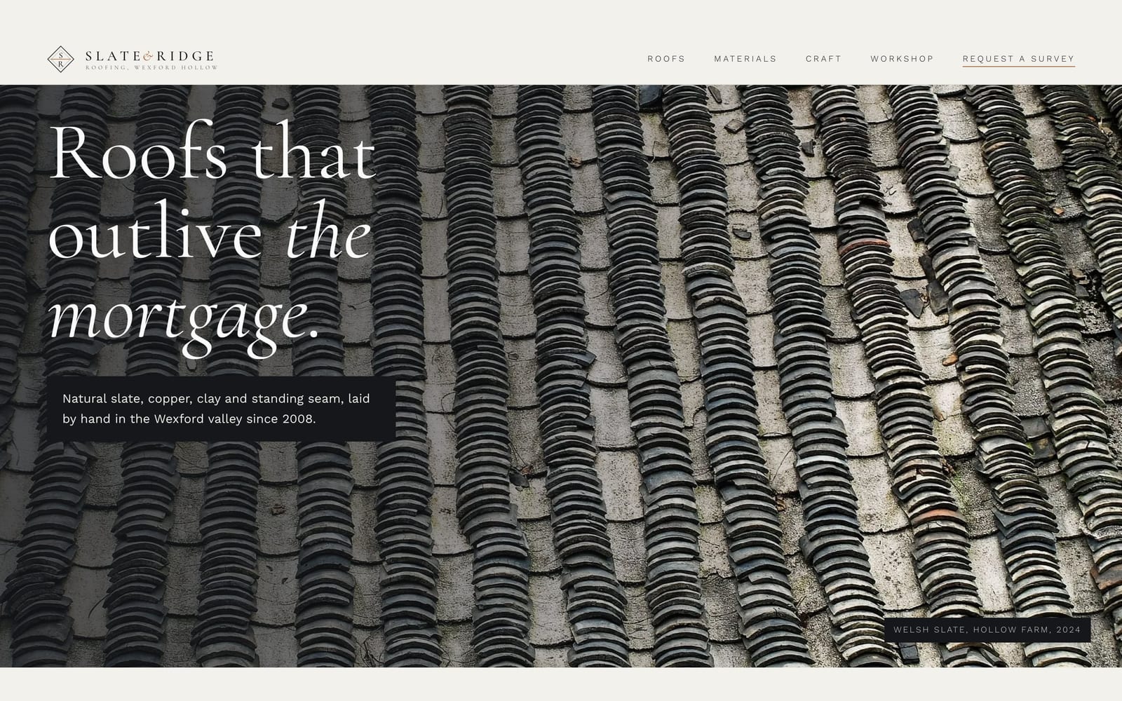 Roofing company website design: Slate & Ridge Roofing home page, premium design-led style