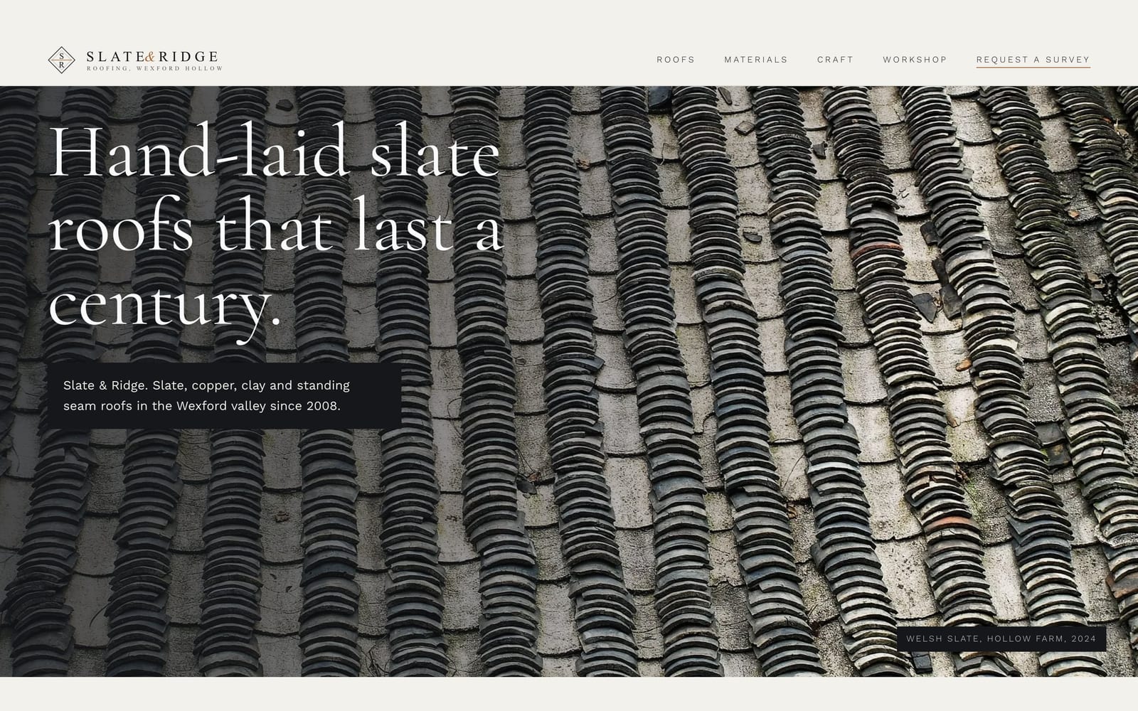Roofing company website design: Slate & Ridge Roofing home page, premium design-led style
