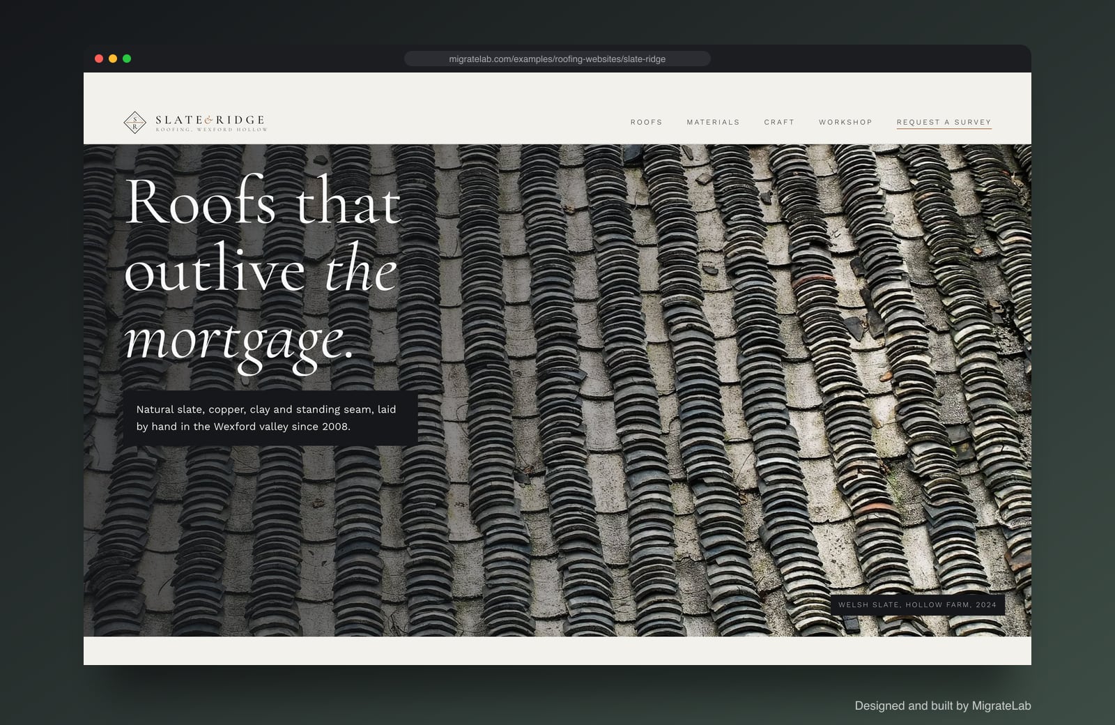 Roofing company website example by MigrateLab: Slate & Ridge Roofing, a premium design-led design shown in a browser