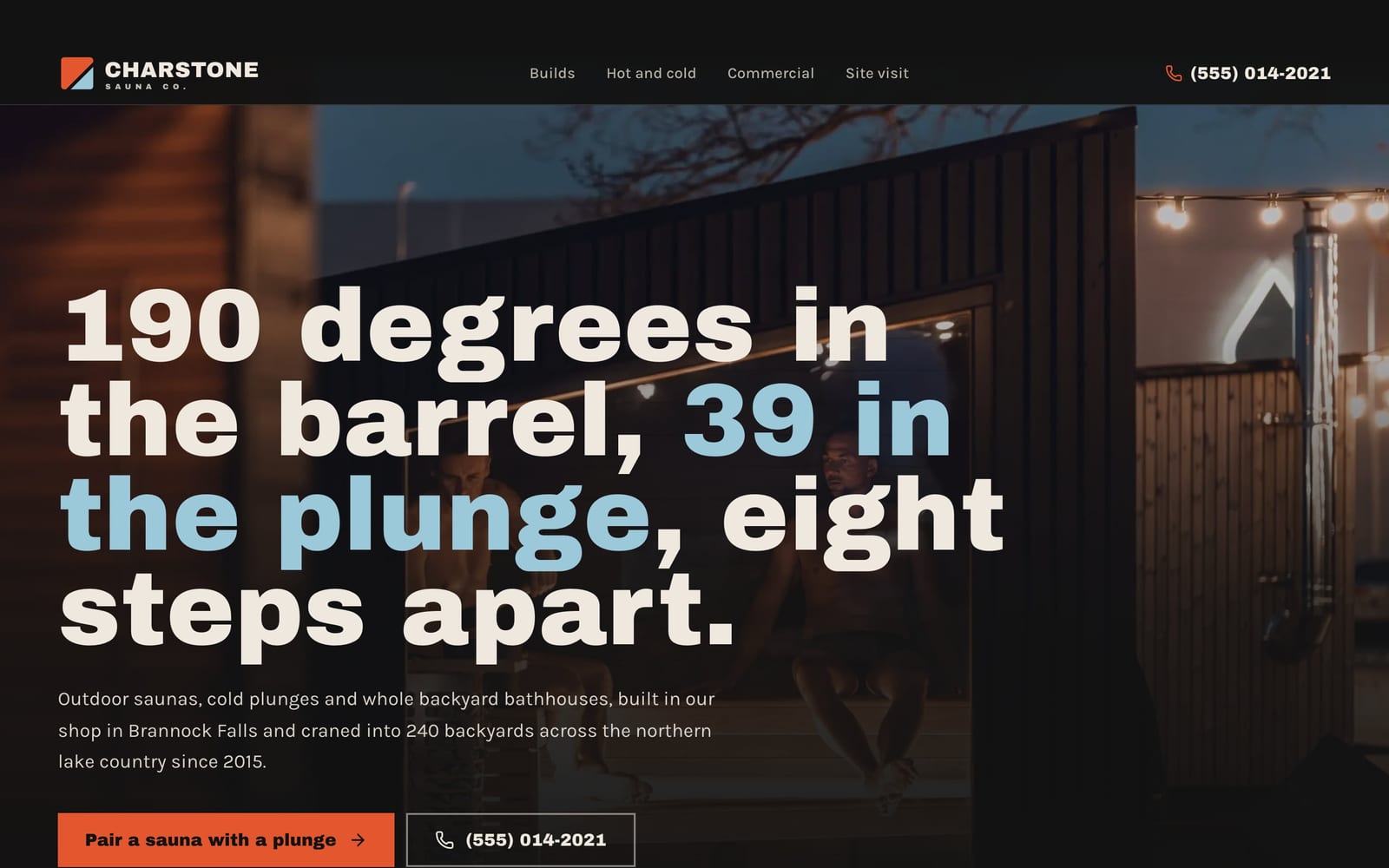 Sauna builder website design: Charstone Sauna Co. home page, bold and industrial style