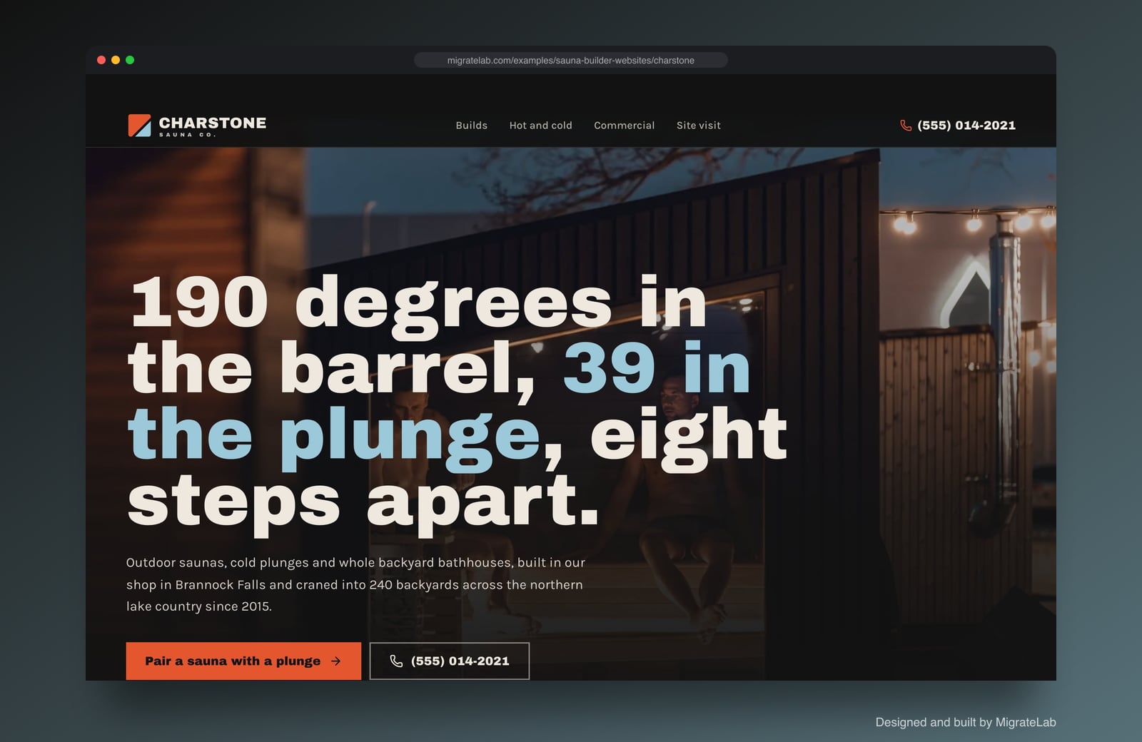 Sauna builder website example by MigrateLab: Charstone Sauna Co., a bold and industrial design shown in a browser