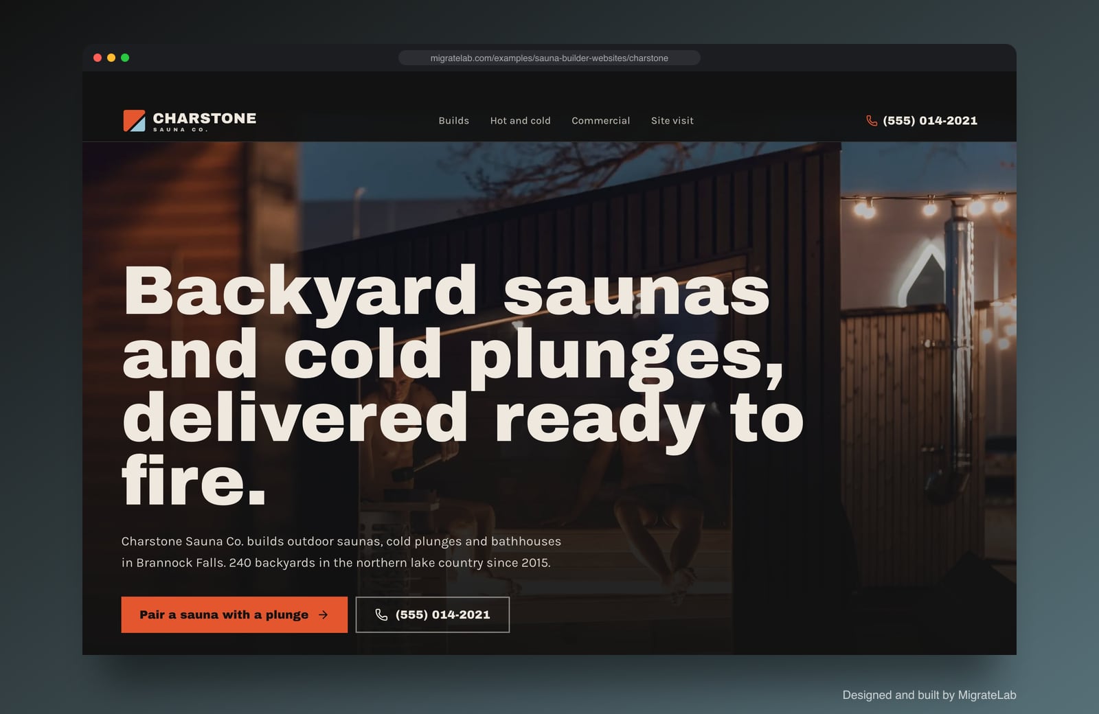 Sauna builder website example by MigrateLab: Charstone Sauna Co., a bold and industrial design shown in a browser