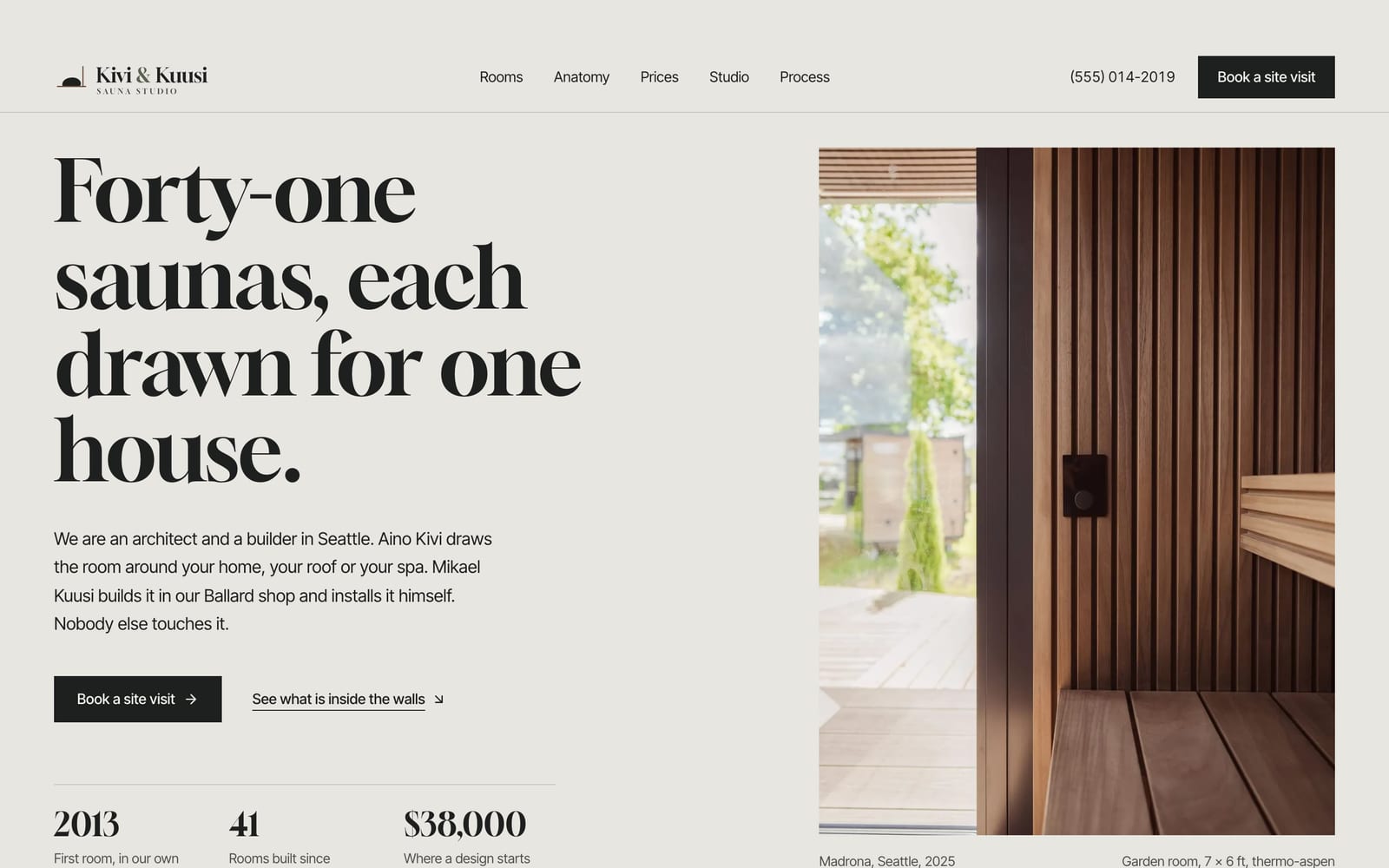 Sauna builder website design: Kivi & Kuusi Sauna Studio home page, premium design-led style