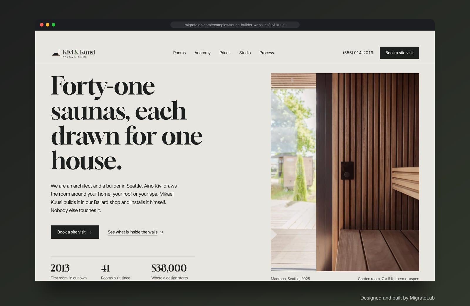 Sauna builder website example by MigrateLab: Kivi & Kuusi Sauna Studio, a premium design-led design shown in a browser