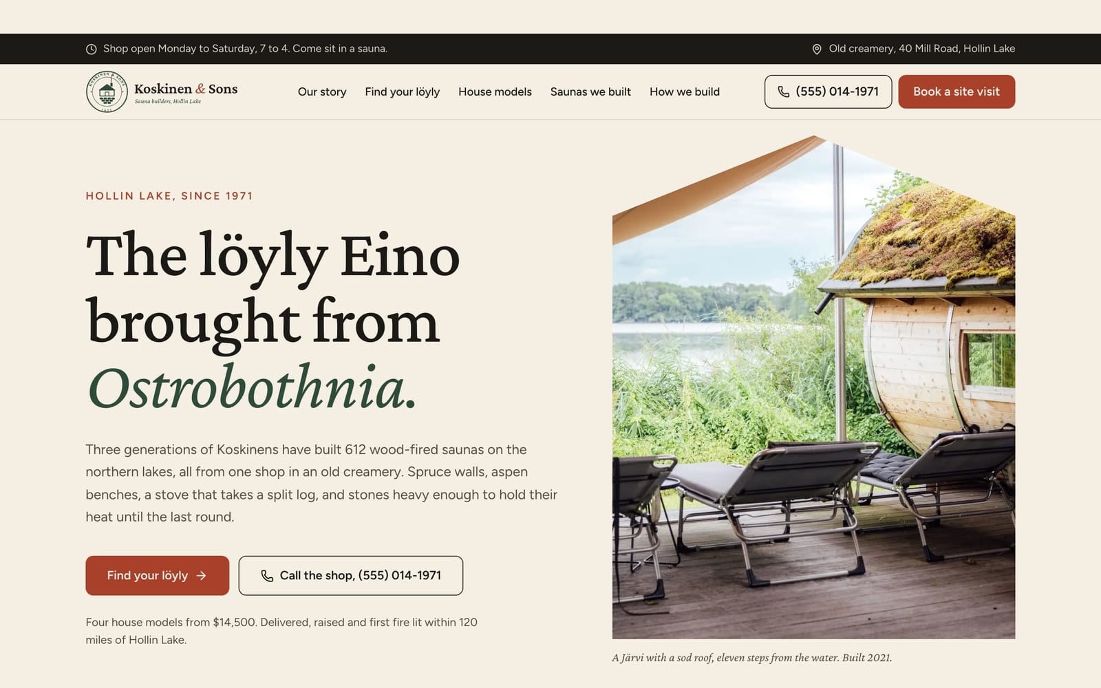 Sauna builder website design: Koskinen & Sons Sauna Builders home page, heritage and trust style