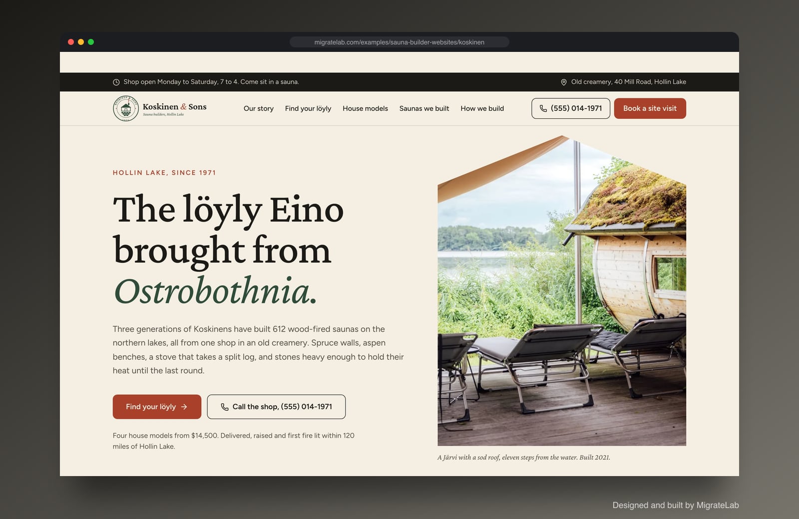 Sauna builder website example by MigrateLab: Koskinen & Sons Sauna Builders, a heritage and trust design shown in a browser