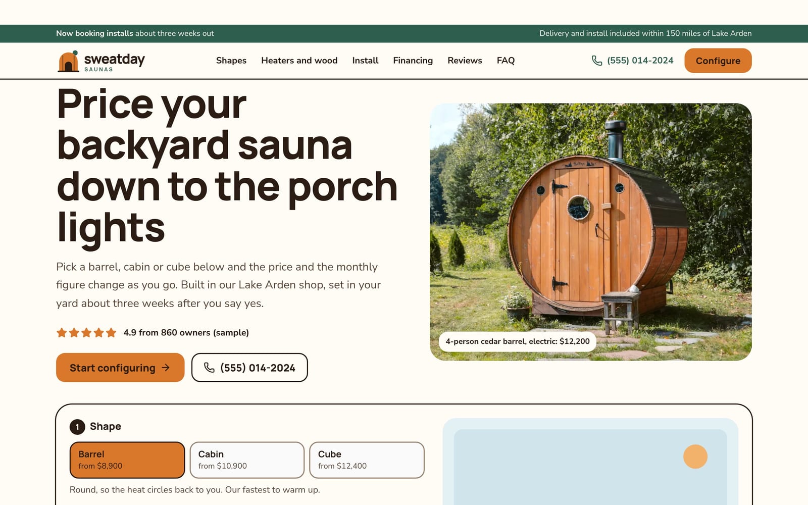Sauna builder website design: Sweatday Saunas home page, lead machine style