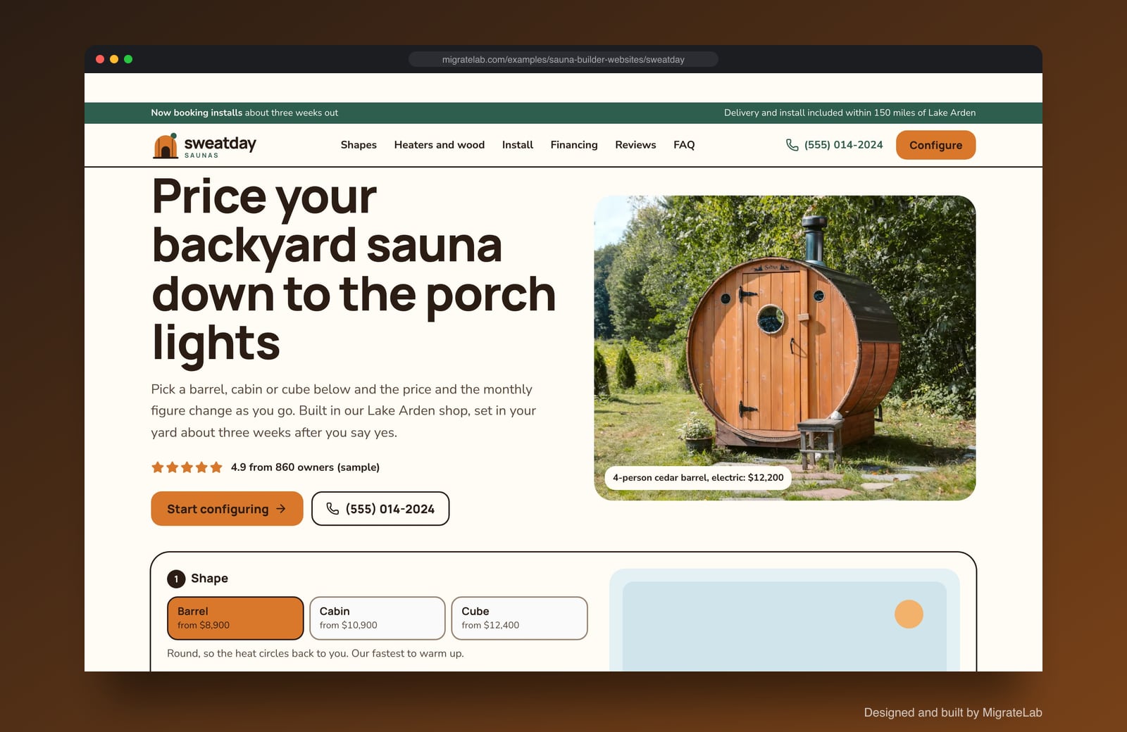Sauna builder website example by MigrateLab: Sweatday Saunas, a lead machine design shown in a browser
