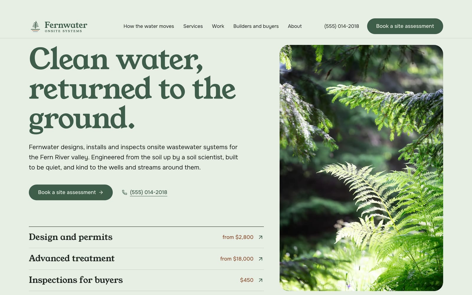 Septic service company website design: Fernwater Onsite Systems home page, premium design-led style