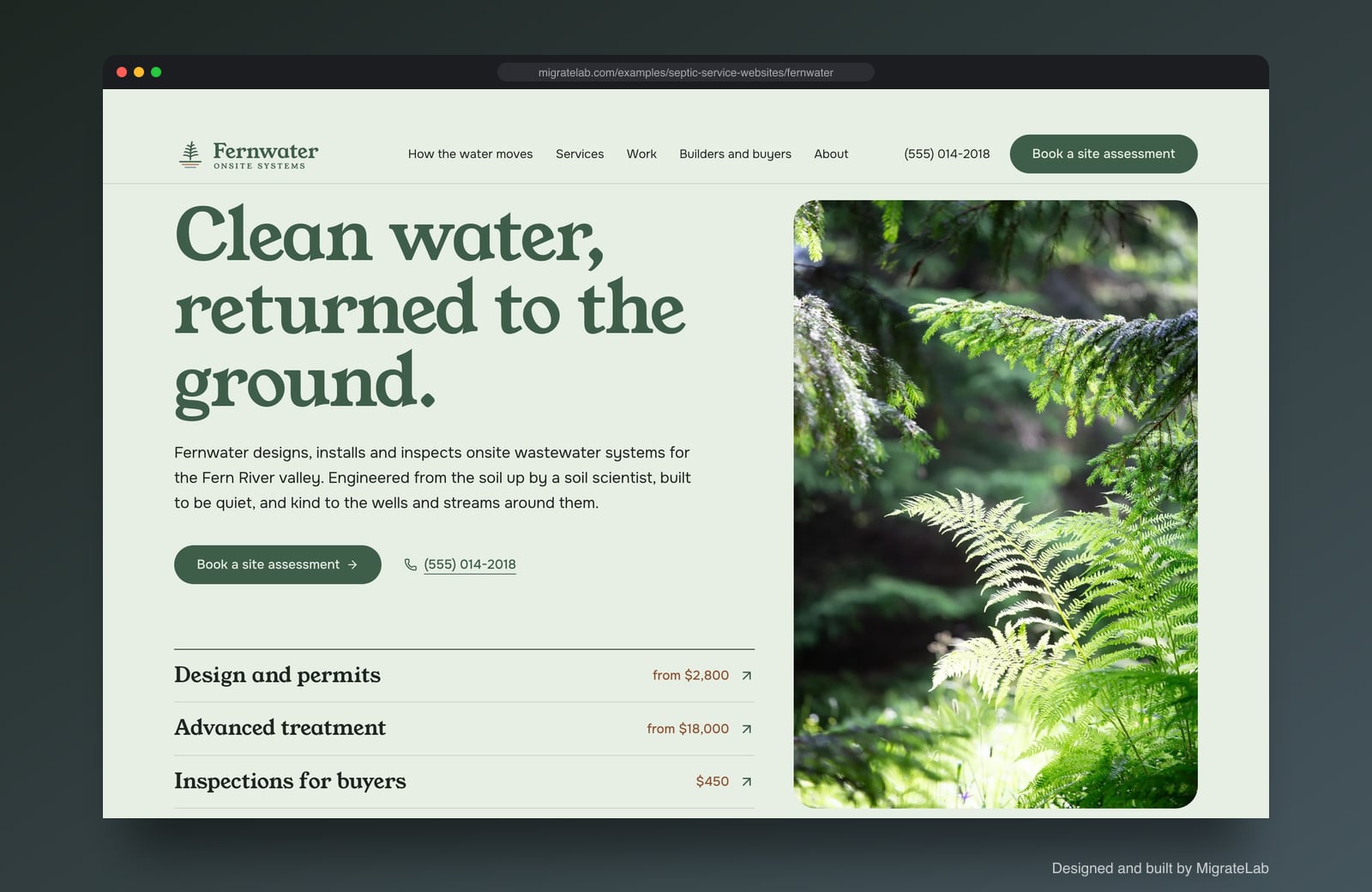 Septic service company website example by MigrateLab: Fernwater Onsite Systems, a premium design-led design shown in a browser