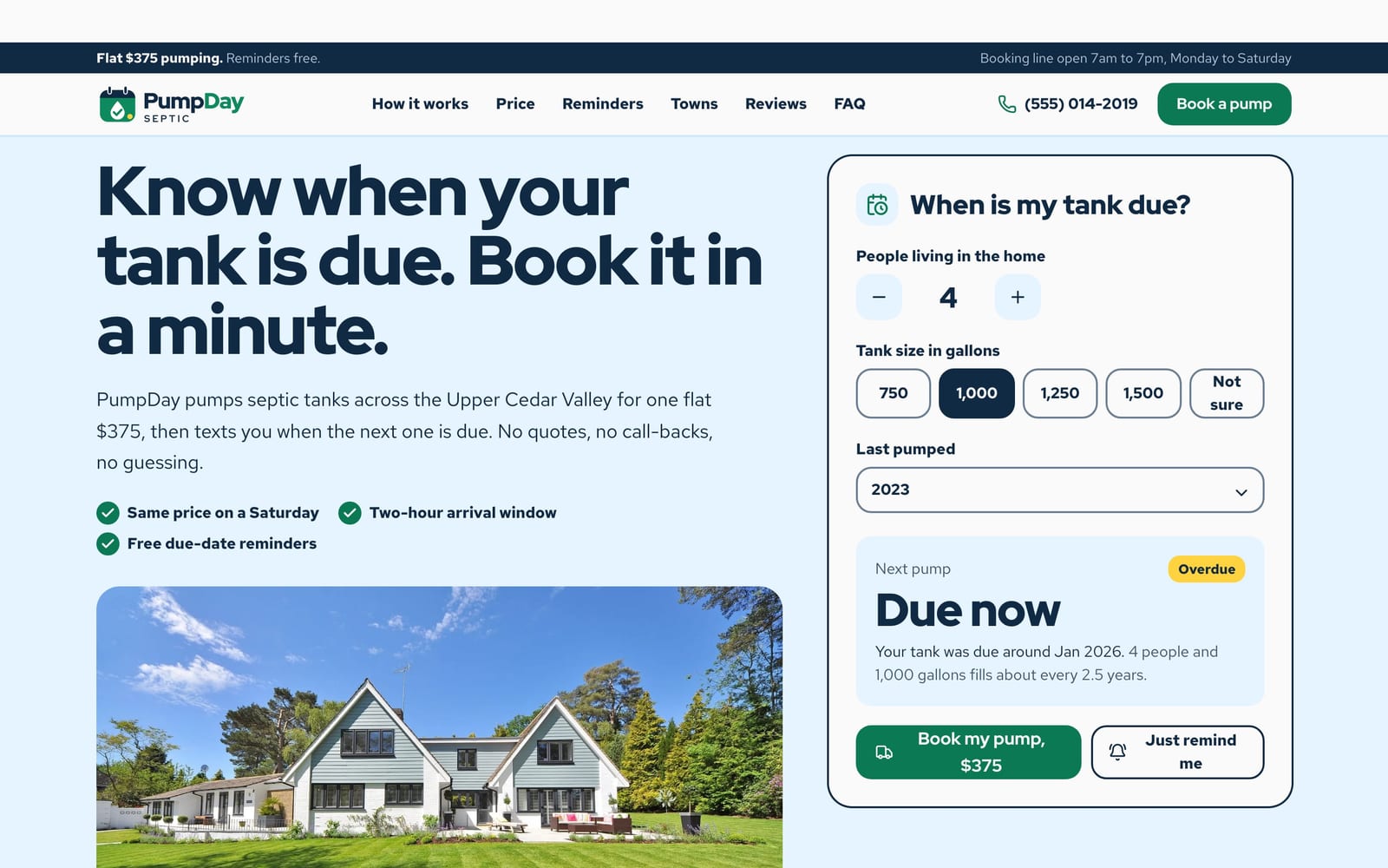 Septic service company website design: PumpDay Septic home page, lead machine style