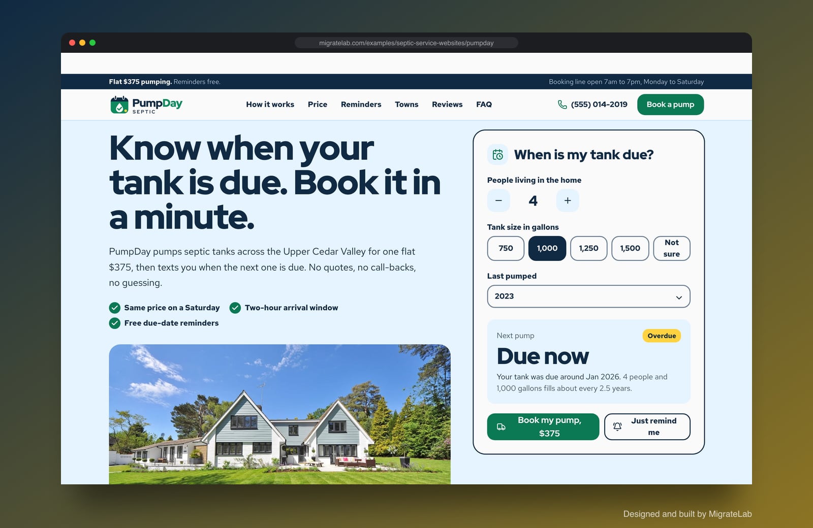Septic service company website example by MigrateLab: PumpDay Septic, a lead machine design shown in a browser