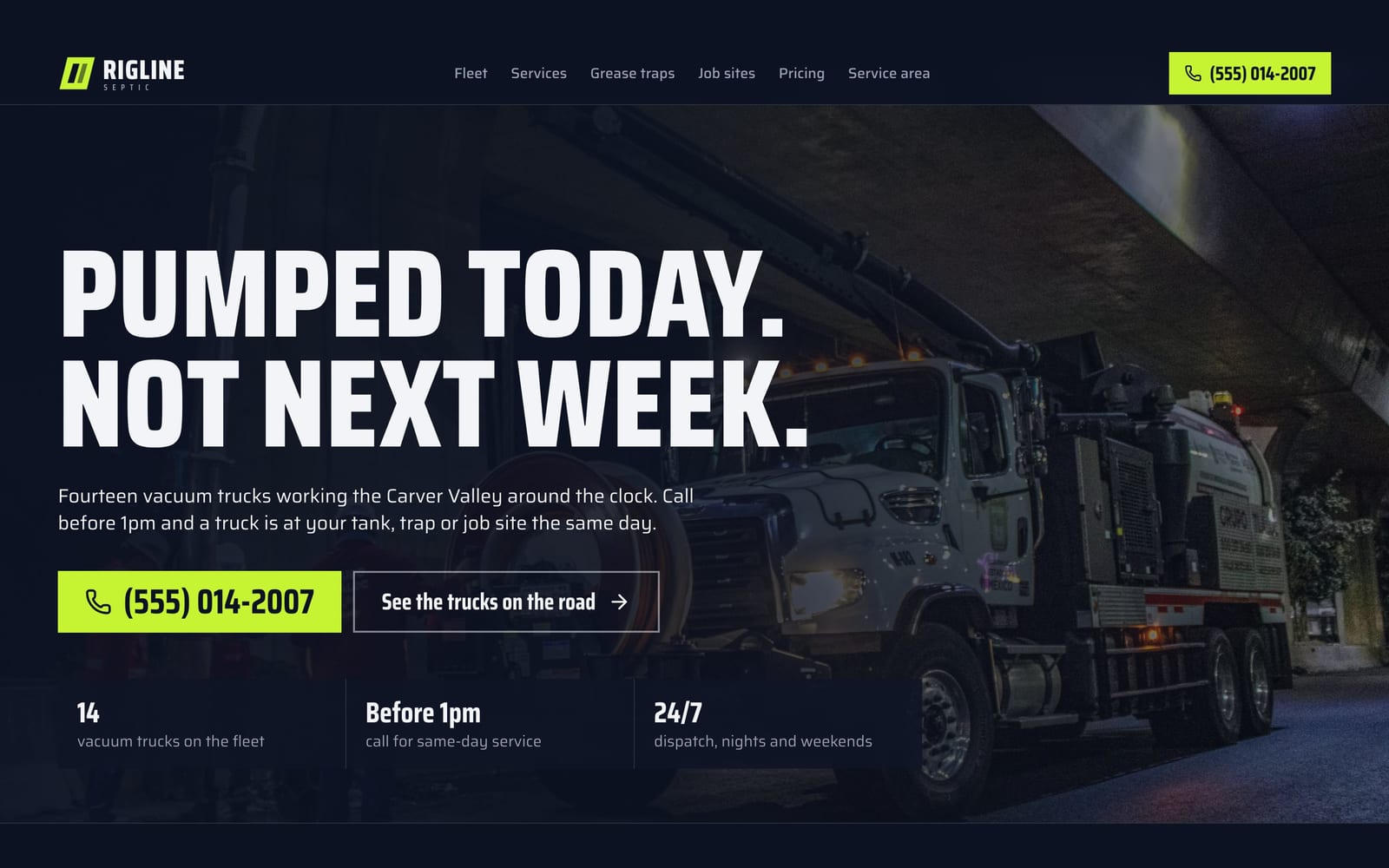 Septic service company website design: Rigline Septic home page, bold and industrial style