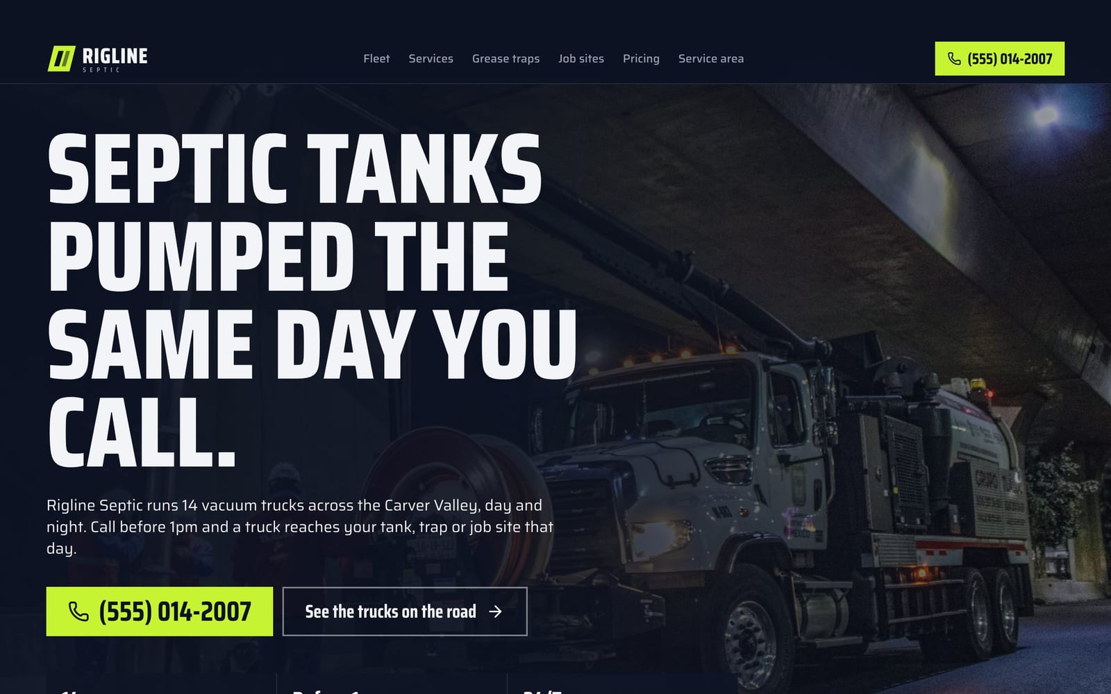 Septic service company website design: Rigline Septic home page, bold and industrial style