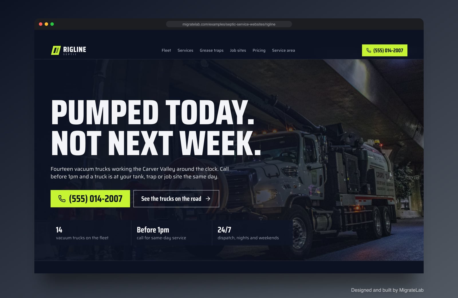 Septic service company website example by MigrateLab: Rigline Septic, a bold and industrial design shown in a browser