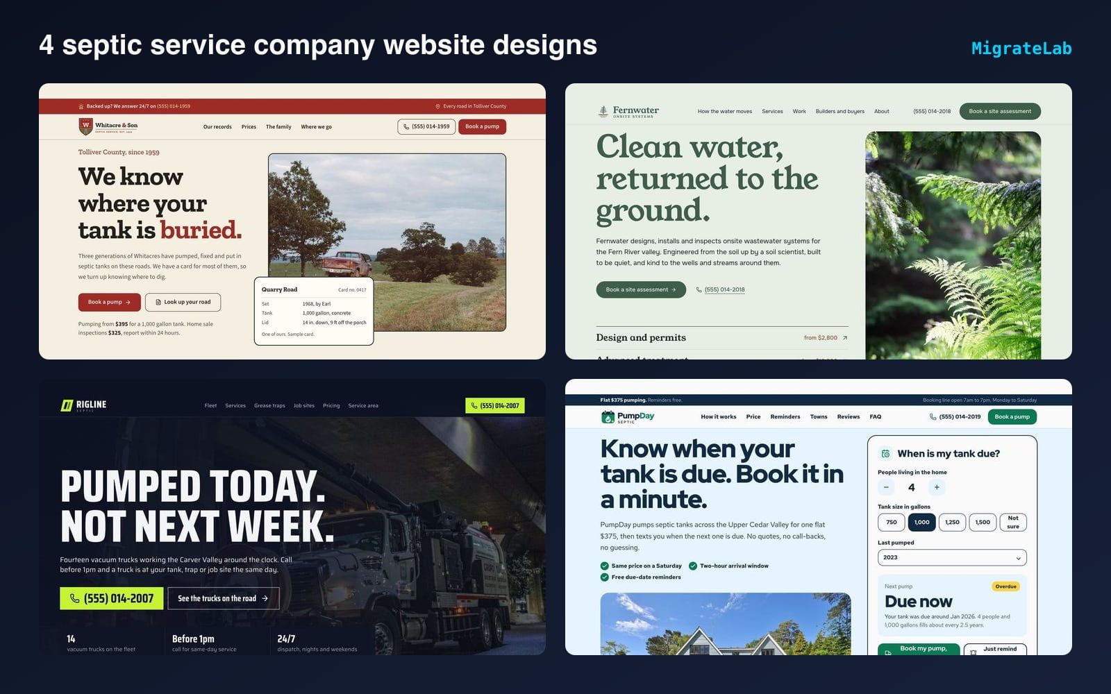 Four septic service company website designs by MigrateLab shown side by side