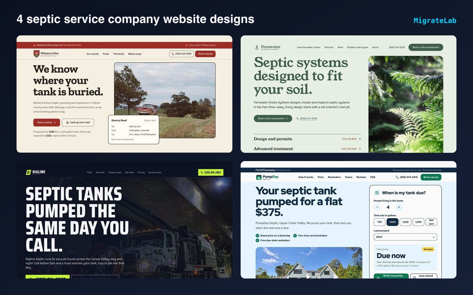 Four septic service company website designs by MigrateLab shown side by side