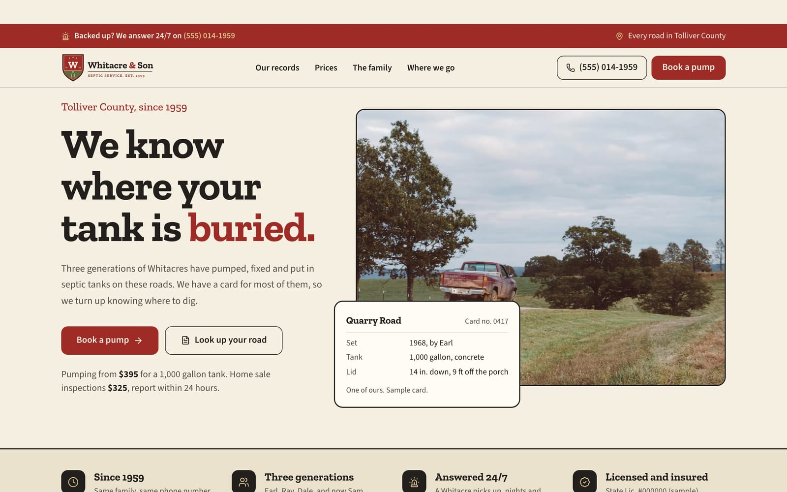 Septic service company website design: Whitacre & Sons Septic home page, heritage and trust style