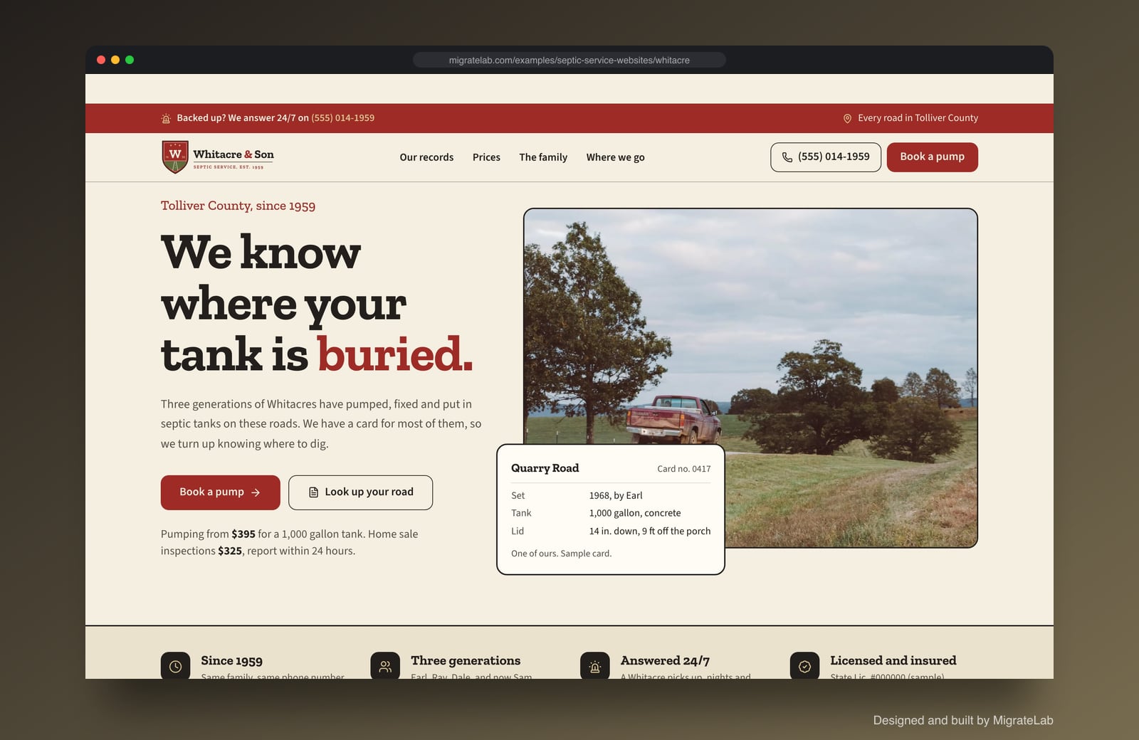 Septic service company website example by MigrateLab: Whitacre & Sons Septic, a heritage and trust design shown in a browser