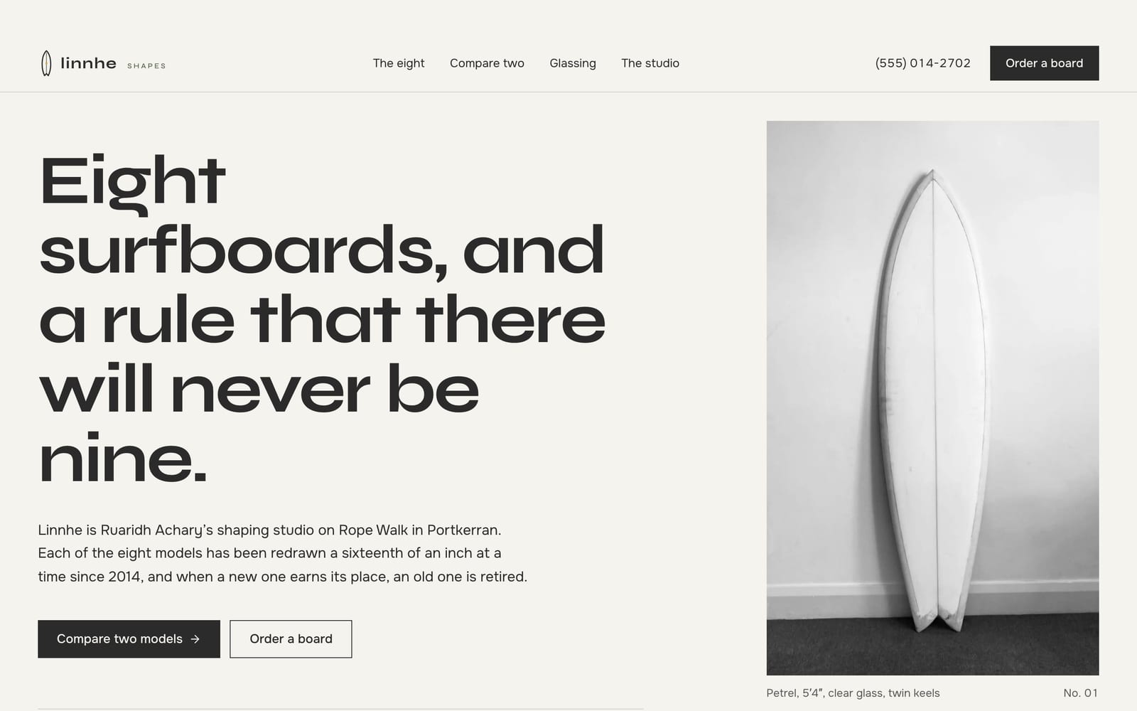 Surfboard shaper website design: Linnhe Shapes home page, premium design-led style