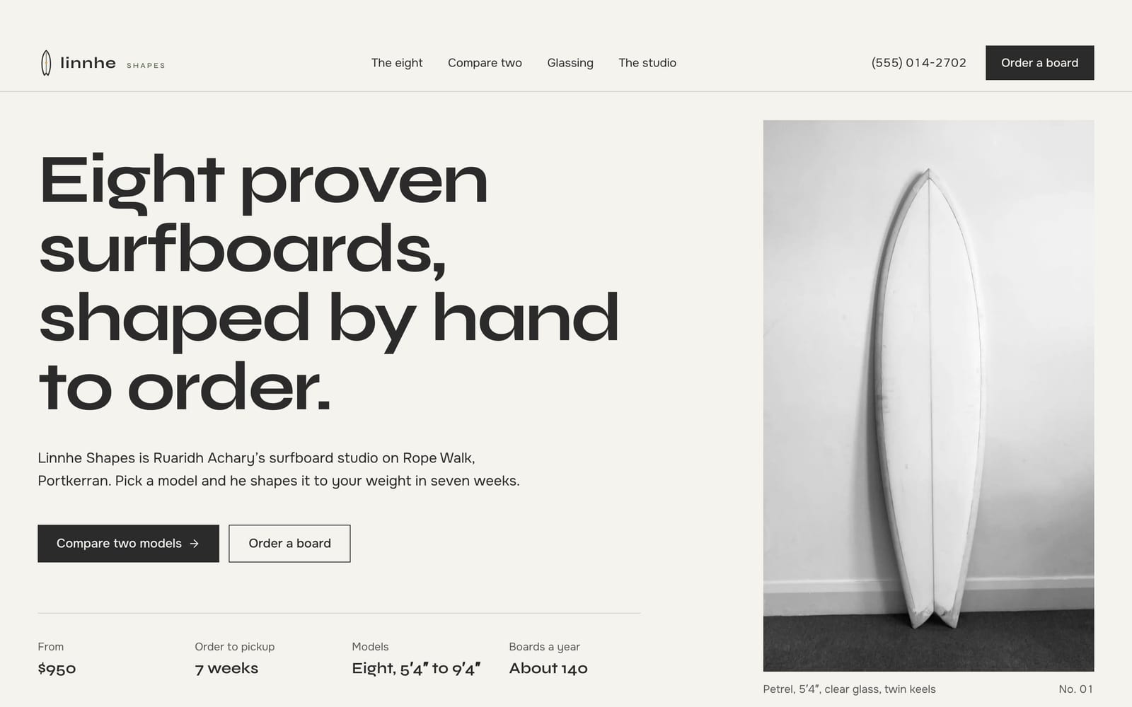 Surfboard shaper website design: Linnhe Shapes home page, premium design-led style