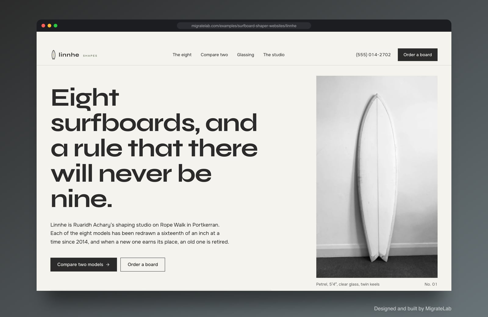 Surfboard shaper website example by MigrateLab: Linnhe Shapes, a premium design-led design shown in a browser