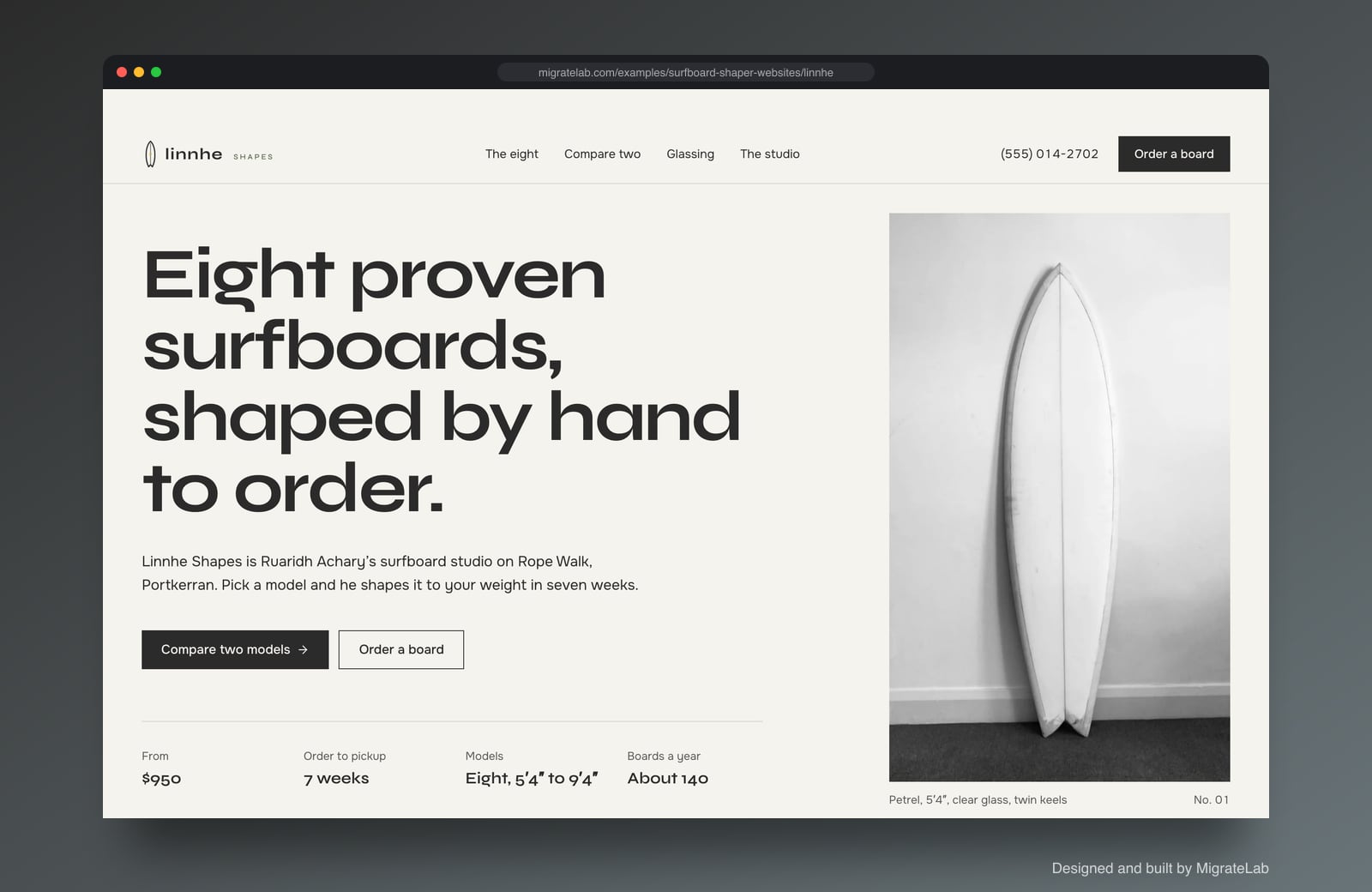 Surfboard shaper website example by MigrateLab: Linnhe Shapes, a premium design-led design shown in a browser