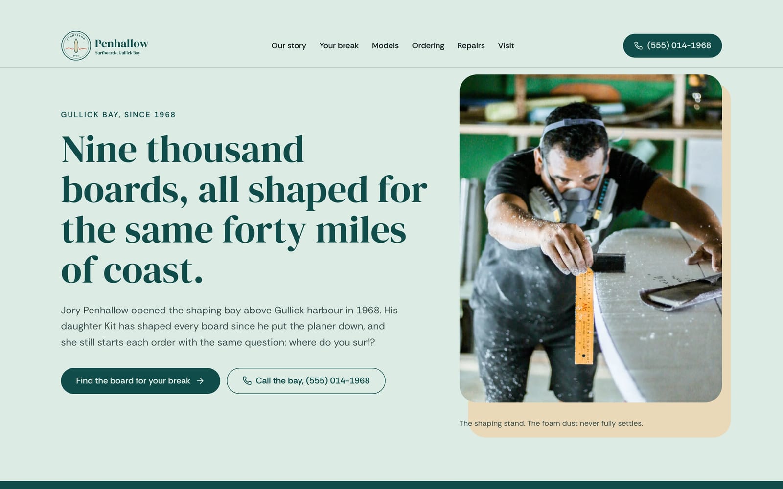 Surfboard shaper website design: Penhallow Surfboards home page, heritage and trust style