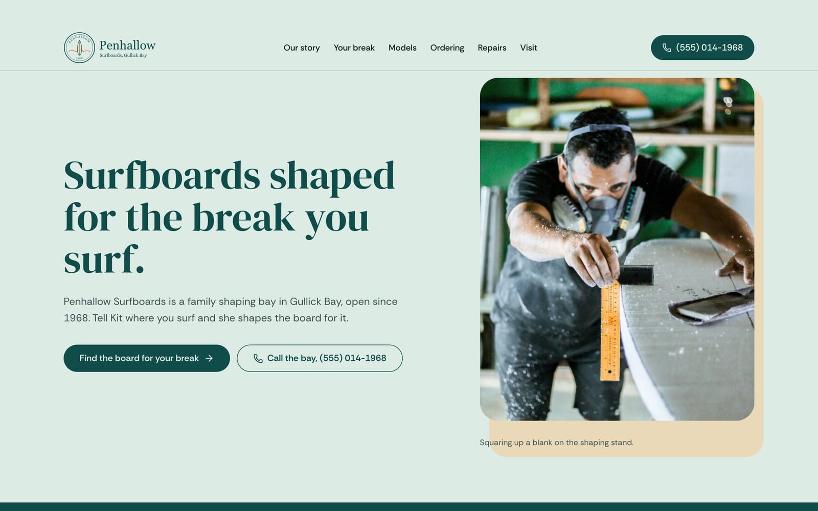 Surfboard shaper website design: Penhallow Surfboards home page, heritage and trust style