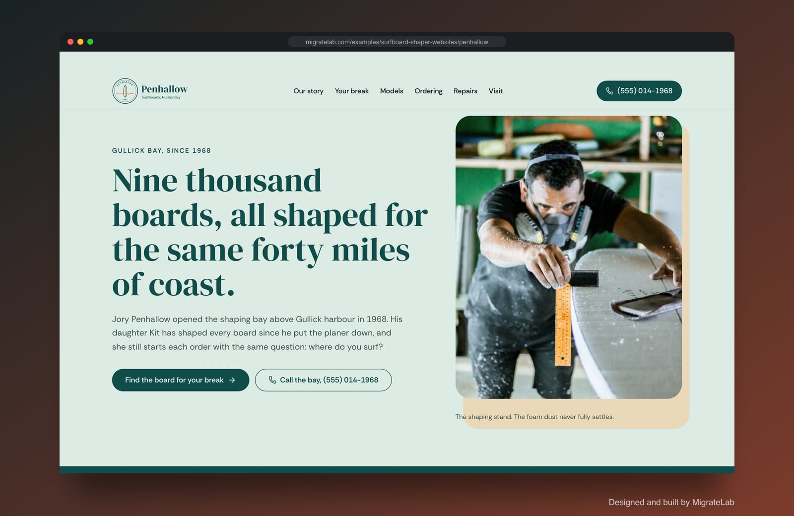 Surfboard shaper website example by MigrateLab: Penhallow Surfboards, a heritage and trust design shown in a browser