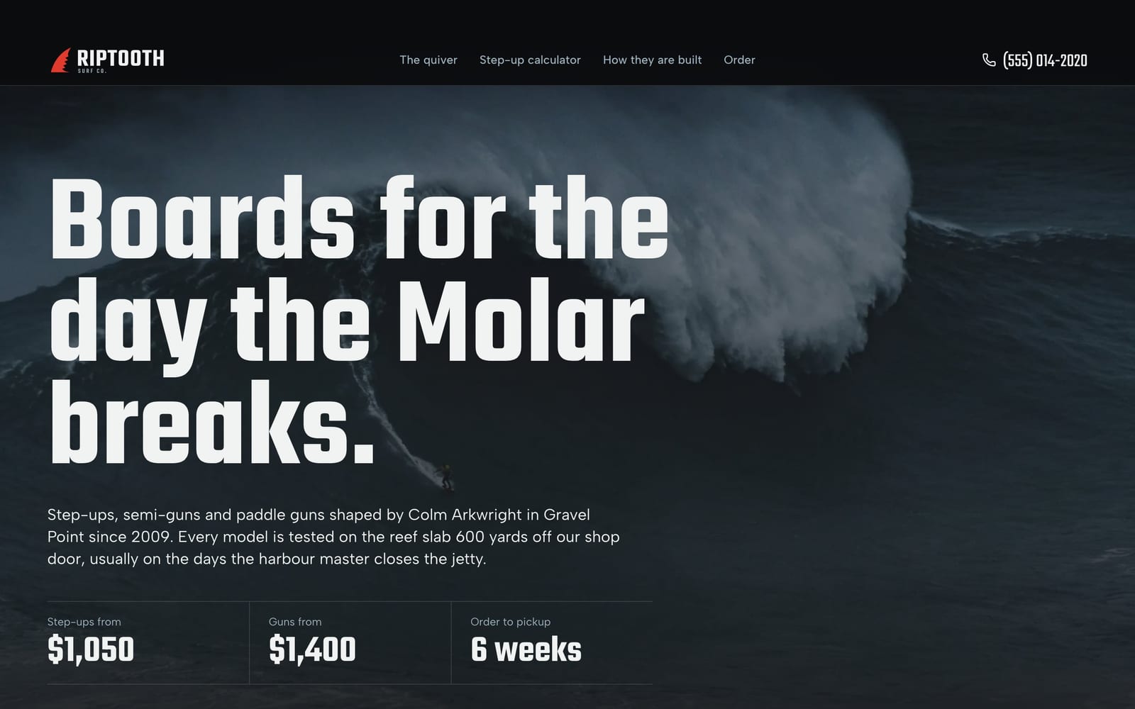 Surfboard shaper website design: Riptooth Surf Co. home page, bold and industrial style