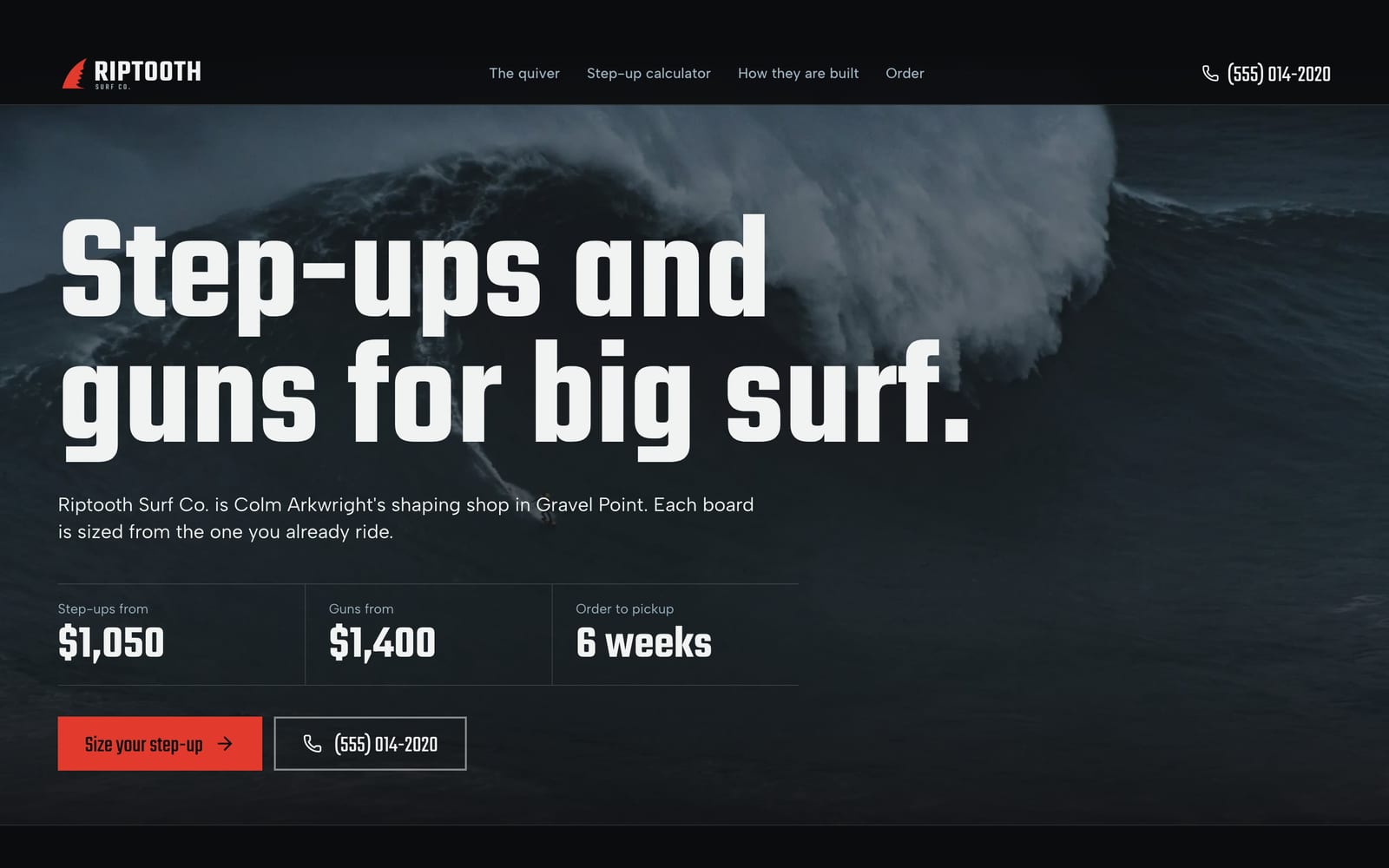 Surfboard shaper website design: Riptooth Surf Co. home page, bold and industrial style