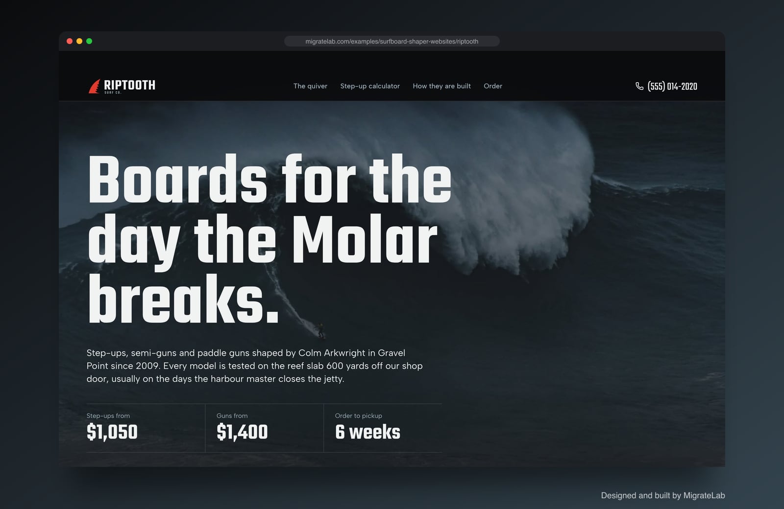 Surfboard shaper website example by MigrateLab: Riptooth Surf Co., a bold and industrial design shown in a browser