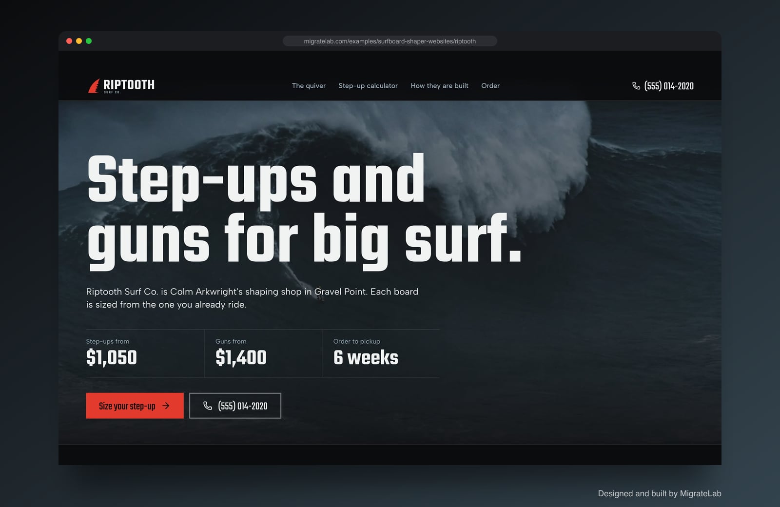 Surfboard shaper website example by MigrateLab: Riptooth Surf Co., a bold and industrial design shown in a browser