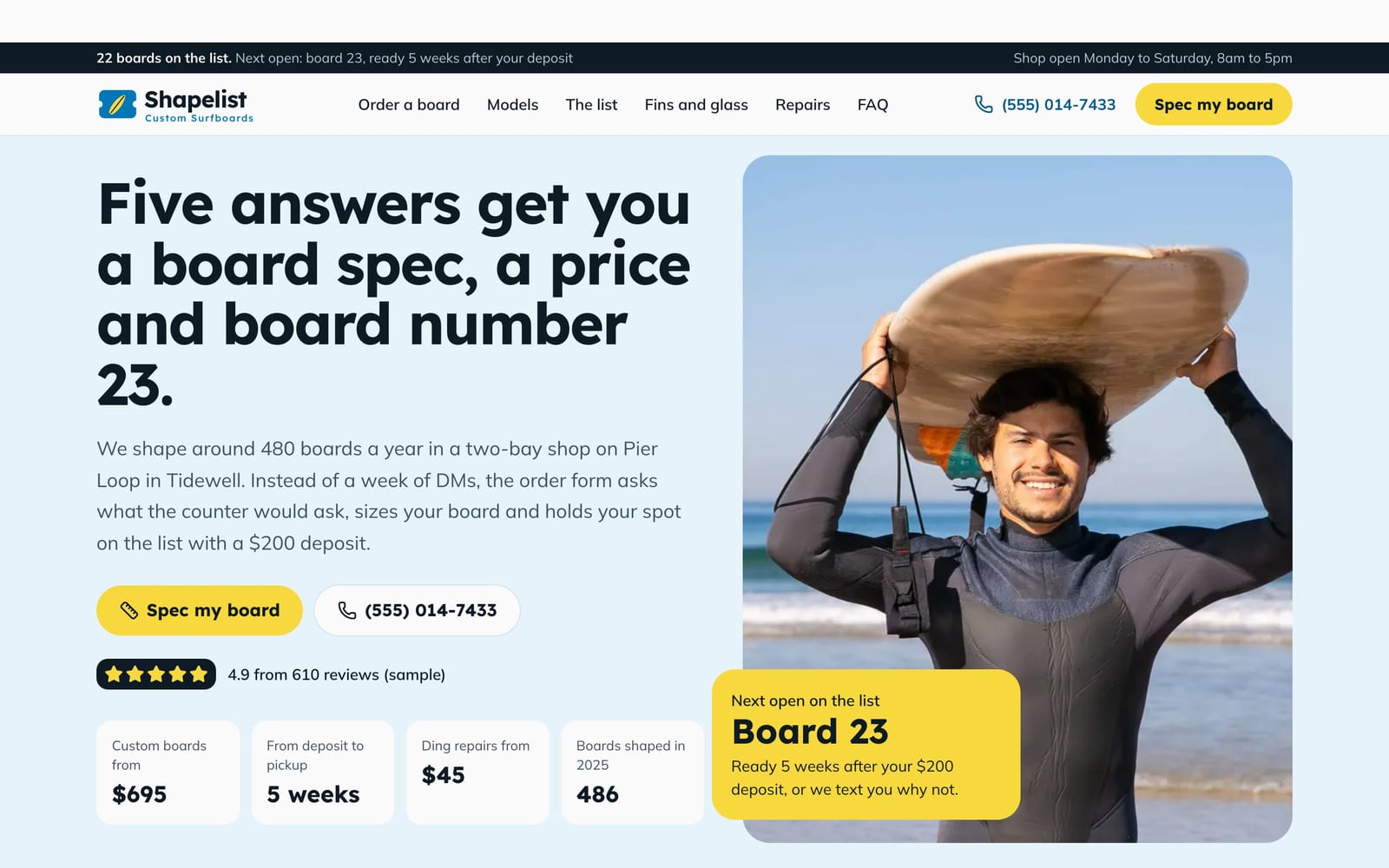 Surfboard shaper website design: Shapelist Custom Surfboards home page, lead machine style