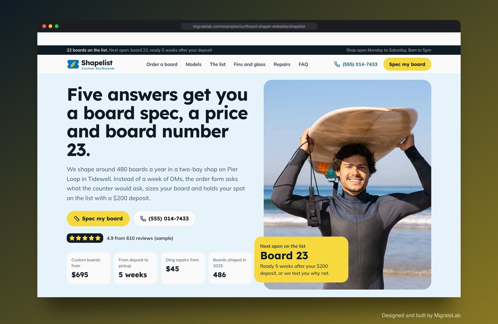 Surfboard shaper website example by MigrateLab: Shapelist Custom Surfboards, a lead machine design shown in a browser